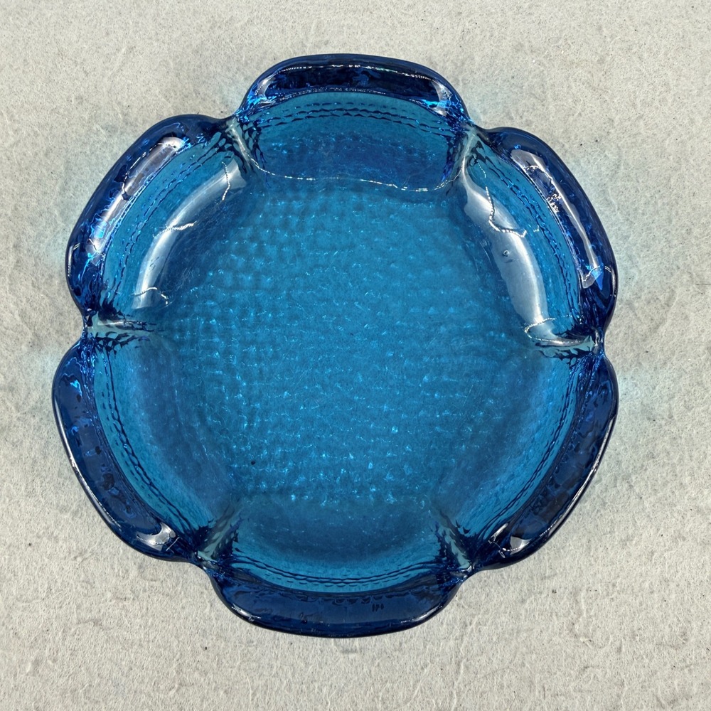VTG Blenko Turquoise Sapphire Blue Lotus Ashtray Trinket Dish Pebbled
